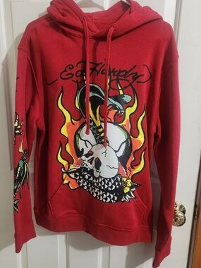 Ed Hardy Red Zip Hoodie with Skull, Snake